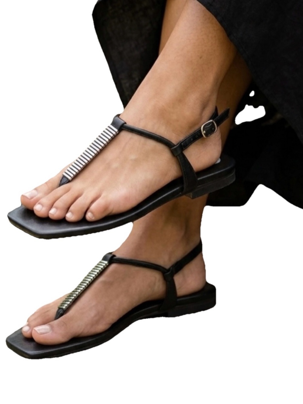 MAKRIS Handmade Leather Flat Thong Black Sandals W/Metal Accents Size 8.5